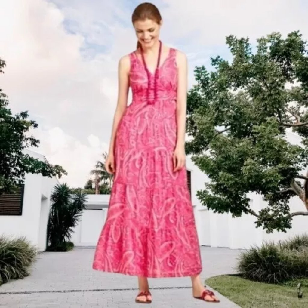 Talbots Cotton Paisley Tiered Maxi Dress Lined Hot Pink Sz 12